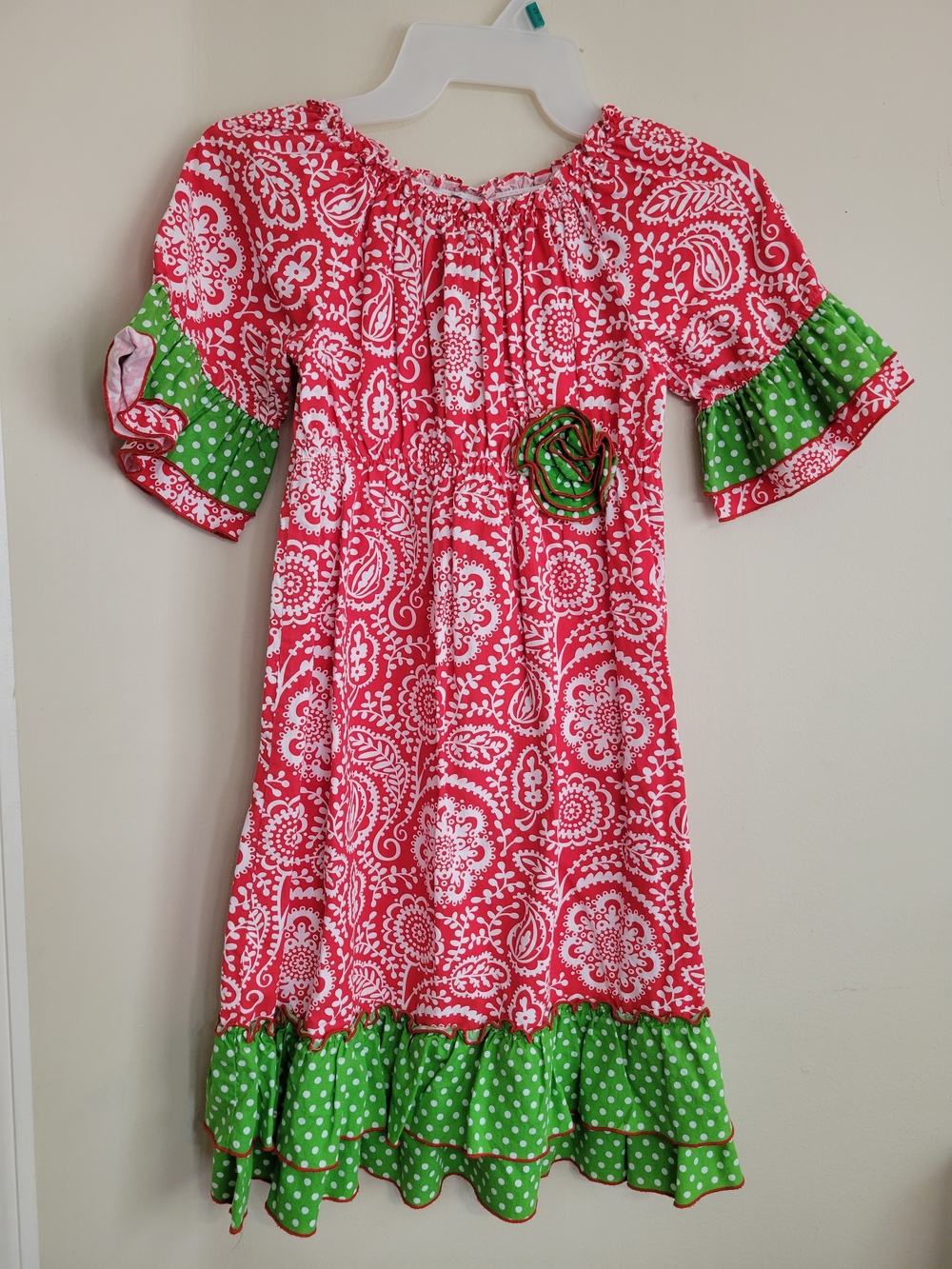 Girls' Pink Paisley Casual Peasant Dress with Green Polka Dot Trim